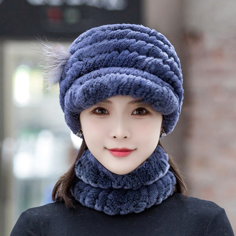 Winter Real Rabbit Fur Cap & Scarf Set - Mom Hat