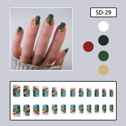 Christmas Khaki Matte Short Square Nails with Snowflakes and Flowers