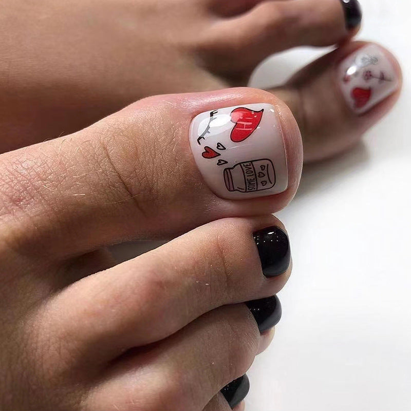 Sweet Cool Solid Black Heart Nails, Foot Set