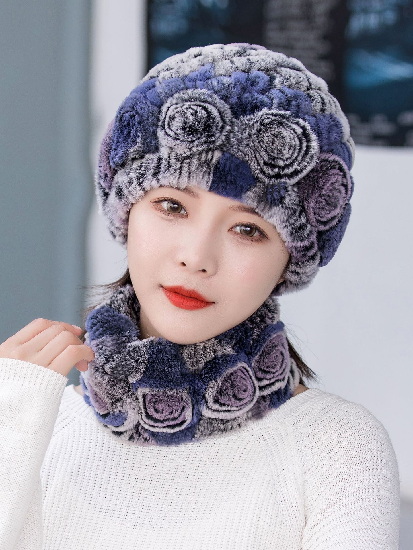 Warm Real Rabbit Fur Ear Flap Hat & Scarf Set