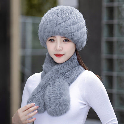 Warm Snow Rabbit Fur Ear Flap Hat & Scarf Set