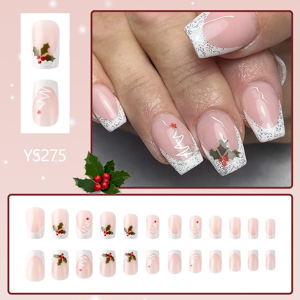 New FashionShort Shiny Christmas Nails - Glitter, French White Edge-homeunderwear