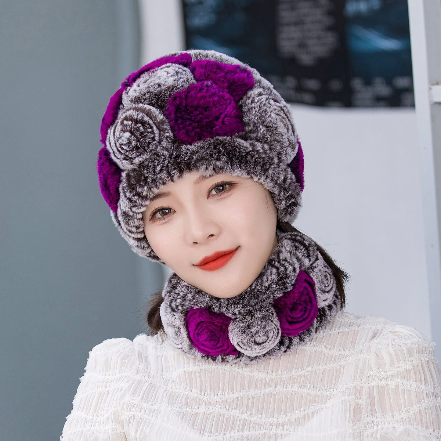 Warm Real Rabbit Fur Ear Flap Hat & Scarf Set