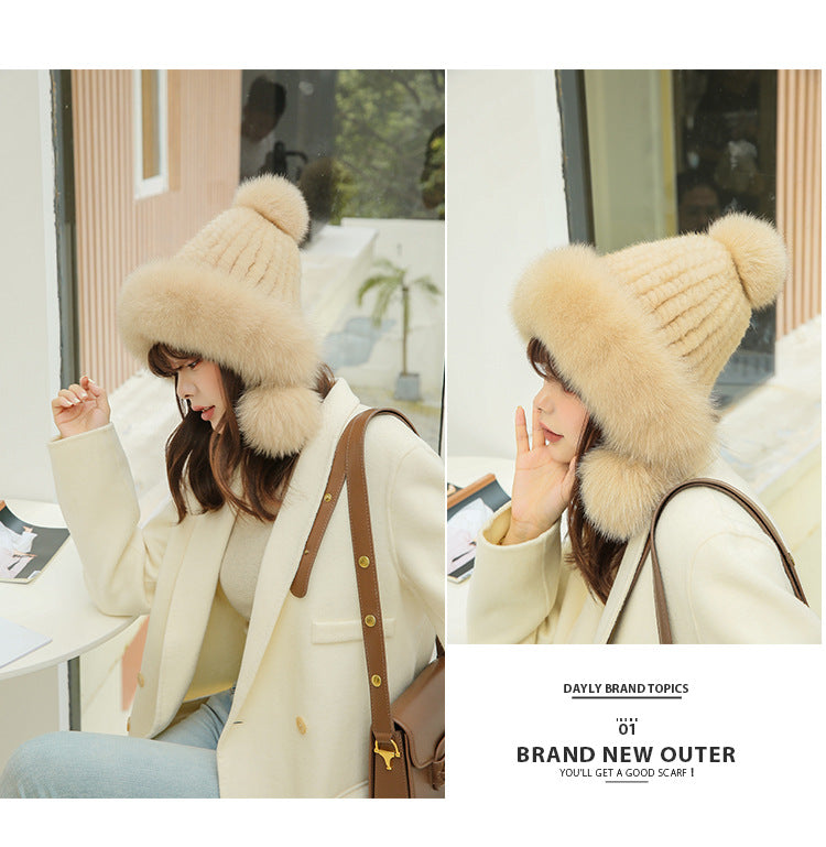 Cute Fox Fur Pom Pom Hat - Women's Winter Ear Flap Hat