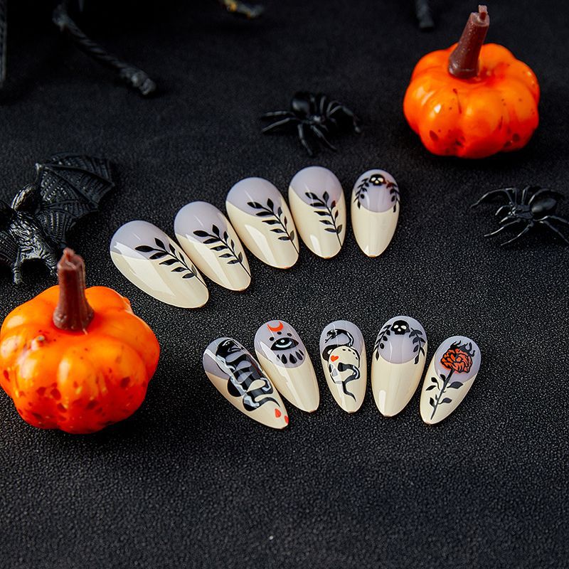 Dark Snake Rose Nails Black Almond Sweet Cool Euro Fashion Halloween Fake Nails-homeunderwear