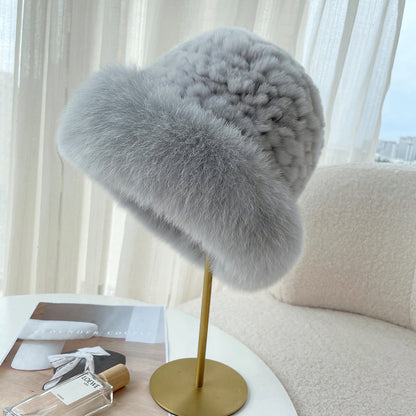 Cute Real Rabbit Fur Hat with Fox Trim - Winter Warmth