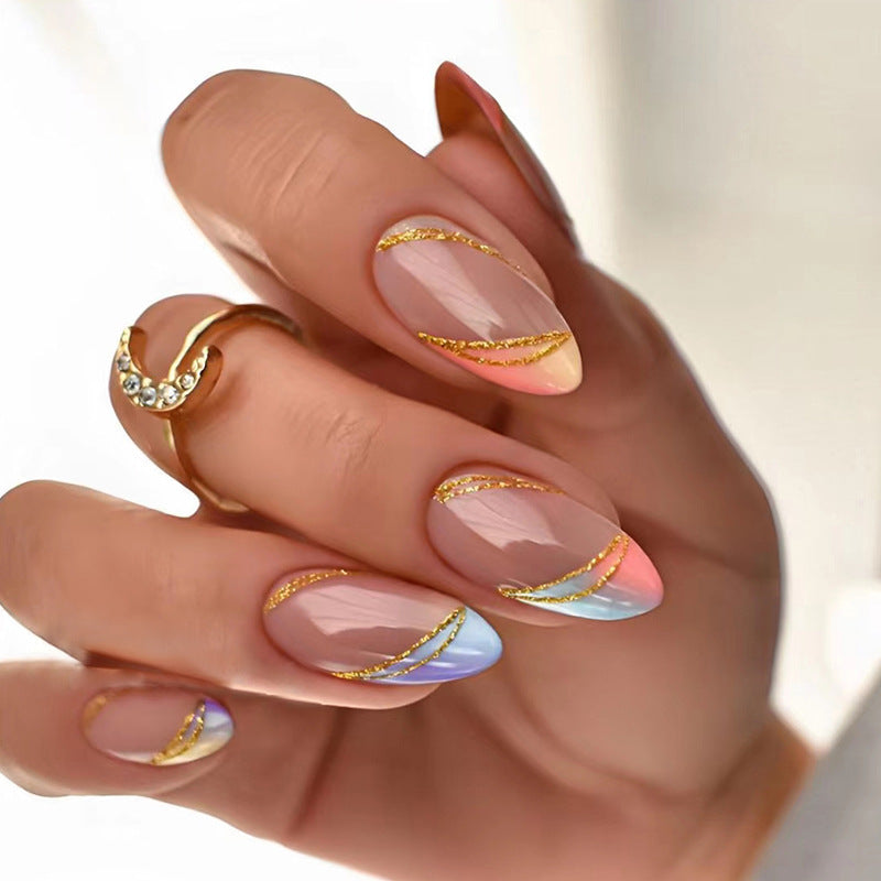 Trendy Euro Ins Style Round Almond Multicolor Gradient French Gold Line Fake Nails-Homeunderwear