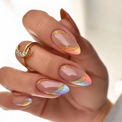 Trendy Euro Ins Style Round Almond Multicolor Gradient French Gold Line Fake Nails-Homeunderwear