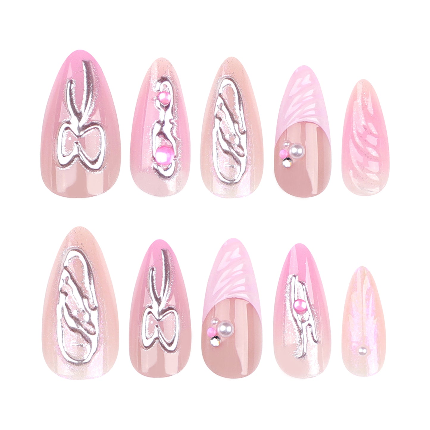 3D Bow Handmade Mirror Pink Silver Nail Tips-Homeunderwear