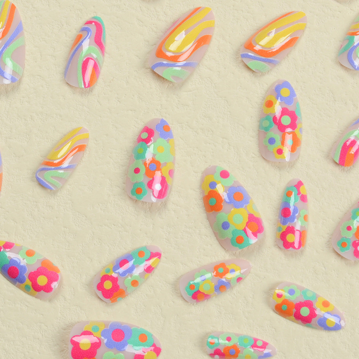 Rainbow Striped Nail Tips with Mini Flowers