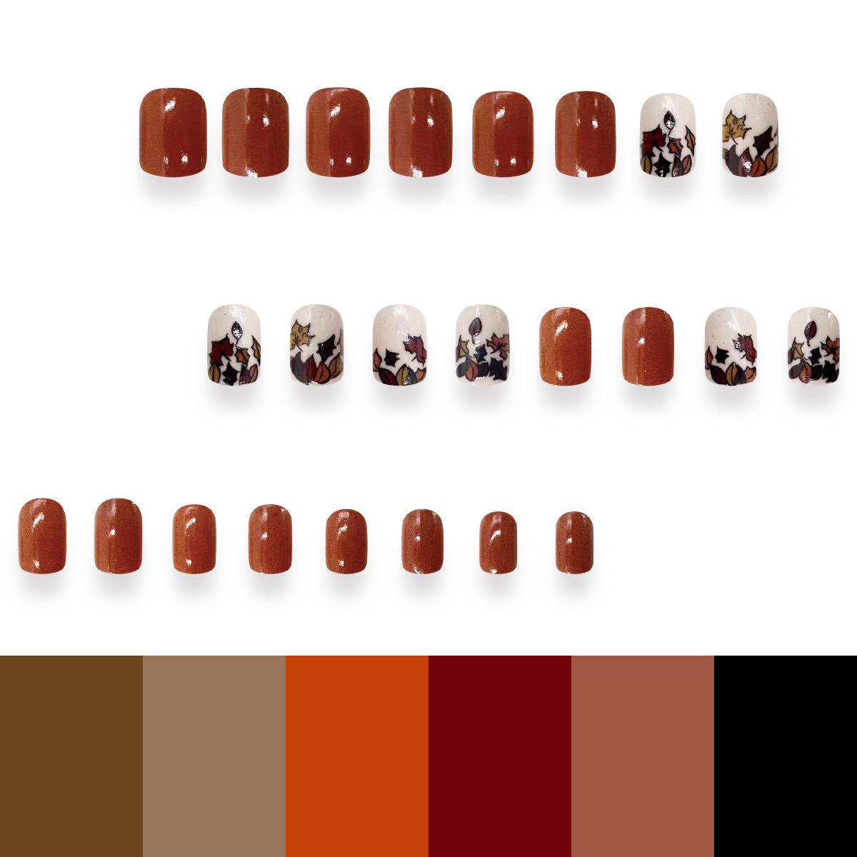 Autumn Coffee Brown Short Square Leaf Design Nail Tips