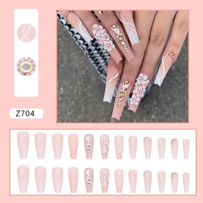 Long Ballet Gradient White Floral Fall Nails: 24-Piece Sparkly Fake Nail Wraps