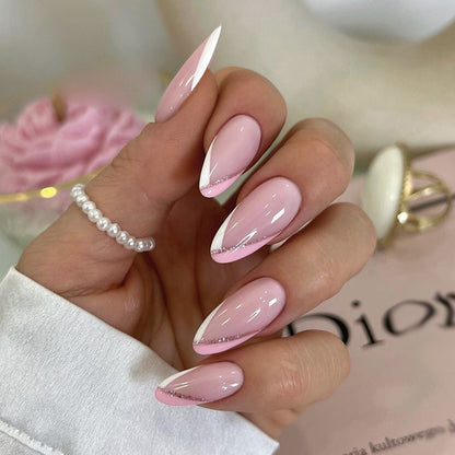 Wholesale White Pink French Nail Art Tips with Glitter Lines-Homeunderwear