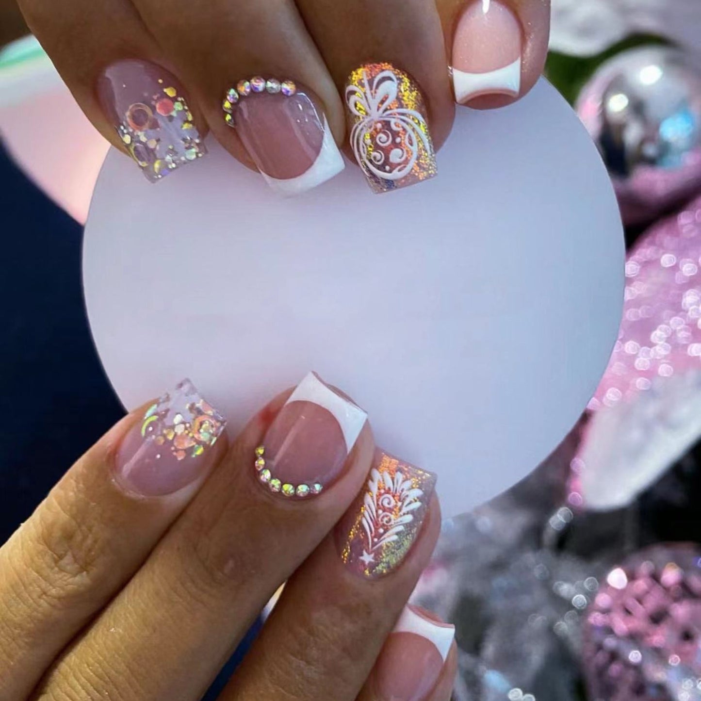 Christmas Short Square Pearl 3D Crystal Nails with Snowflakes and Trees