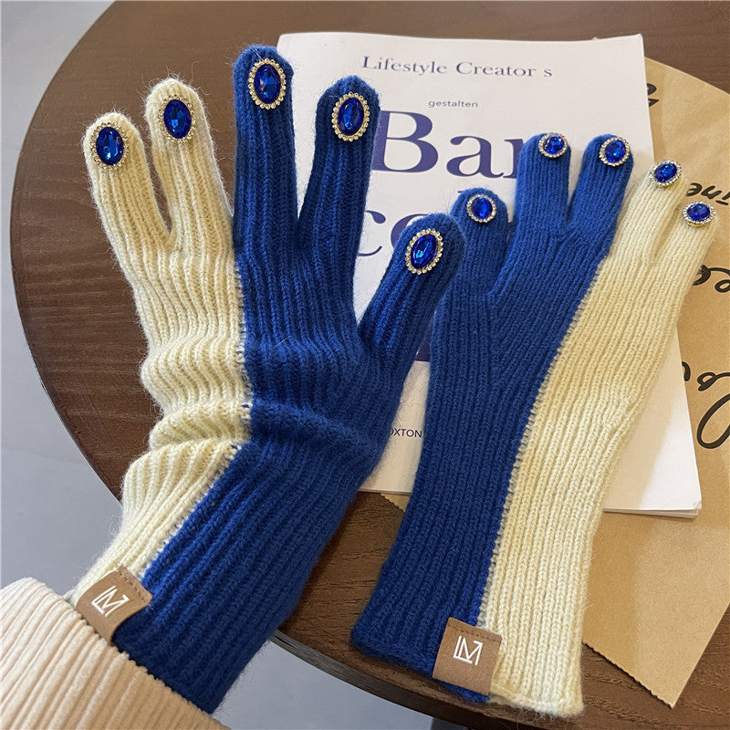 Rhinestone Finger Wool Gloves