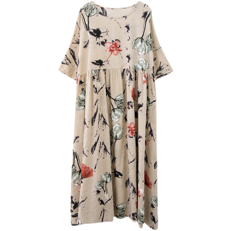 Artsy Loose-fit Cotton and Linen Printed Dress