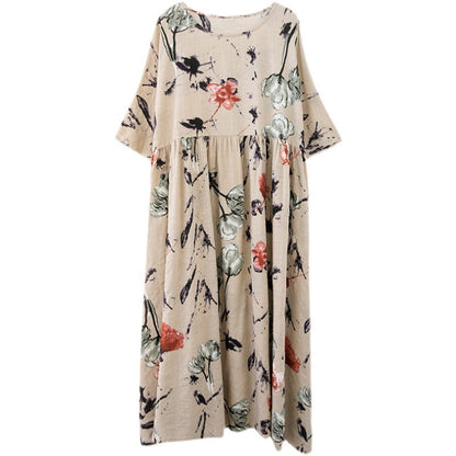 Artsy Loose-fit Cotton and Linen Printed Dress