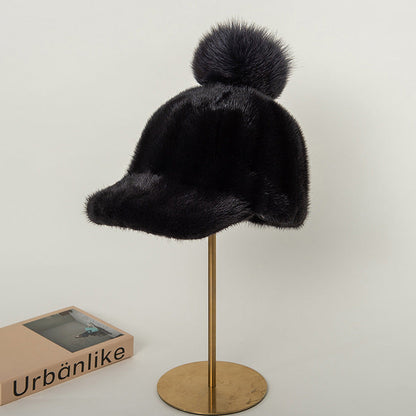 Warm Mink Fur Baseball Cap with Fox Pom Pom - Winter Fashion