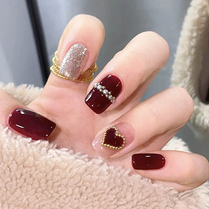 Valentine's Day Short Square Nails with Gold Beads and Hearts