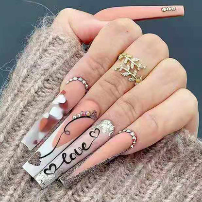 Long Ballet Nail Tips with Embossed Diamonds and Blush