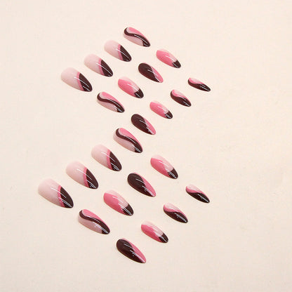 Whitening French Irregular Ripple Nails, Rose Red with Dark Brown, Ins Style-Homeunderwear