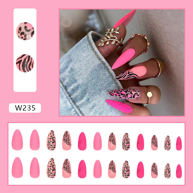 Almond Shape Pink Leopard Print Nails, Matte Finish, 24 Pieces