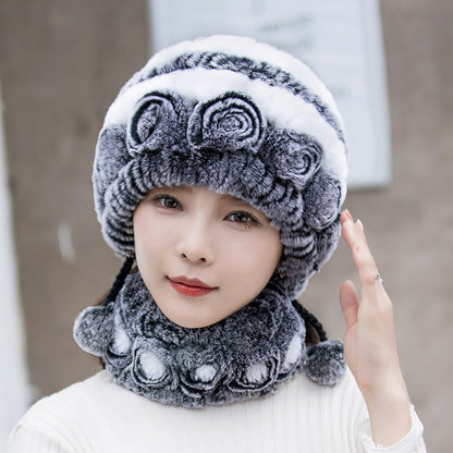 Winter Real Rabbit Fur Hat & Neck Warmer Set - Stylish & Warm