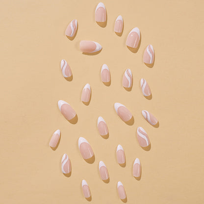 Almond Shaped Wave White Glitter French Removable Fall Nails