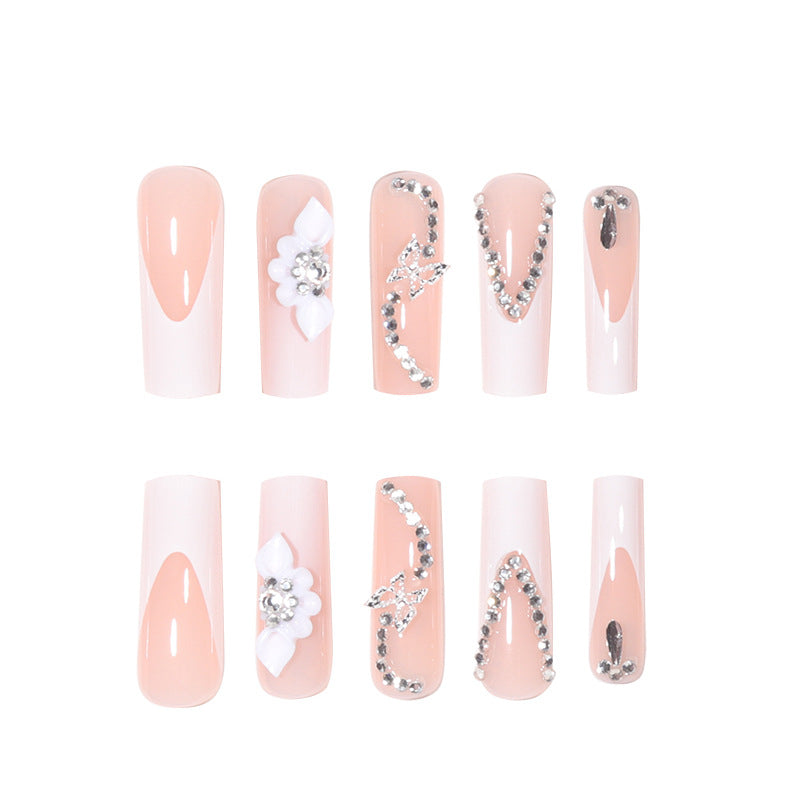 24 Long Pink Floral & Crystal Nail Tips