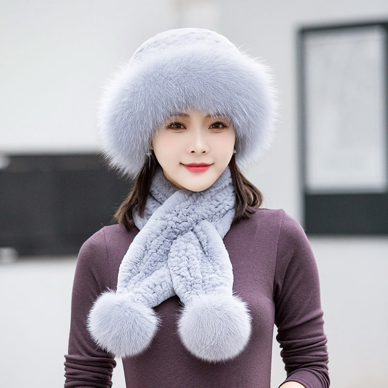 Winter Real Rabbit Fur Hat & Scarf Set - Stylish & Warm