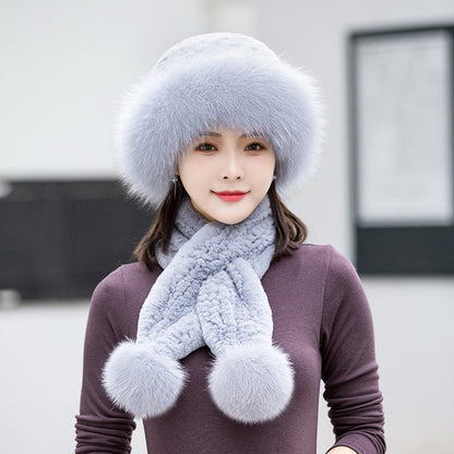 Winter Real Rabbit Fur Hat & Scarf Set - Stylish & Warm