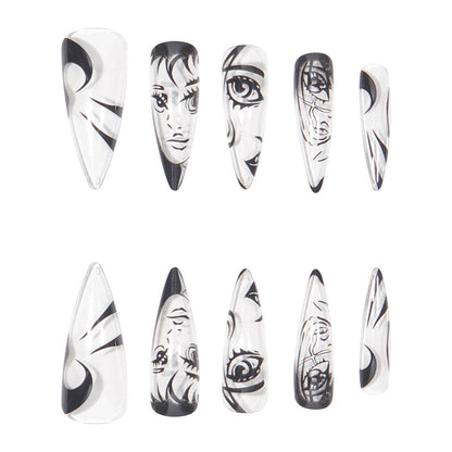 Black Graffiti Cartoon Face Watercolor Nail Extensions