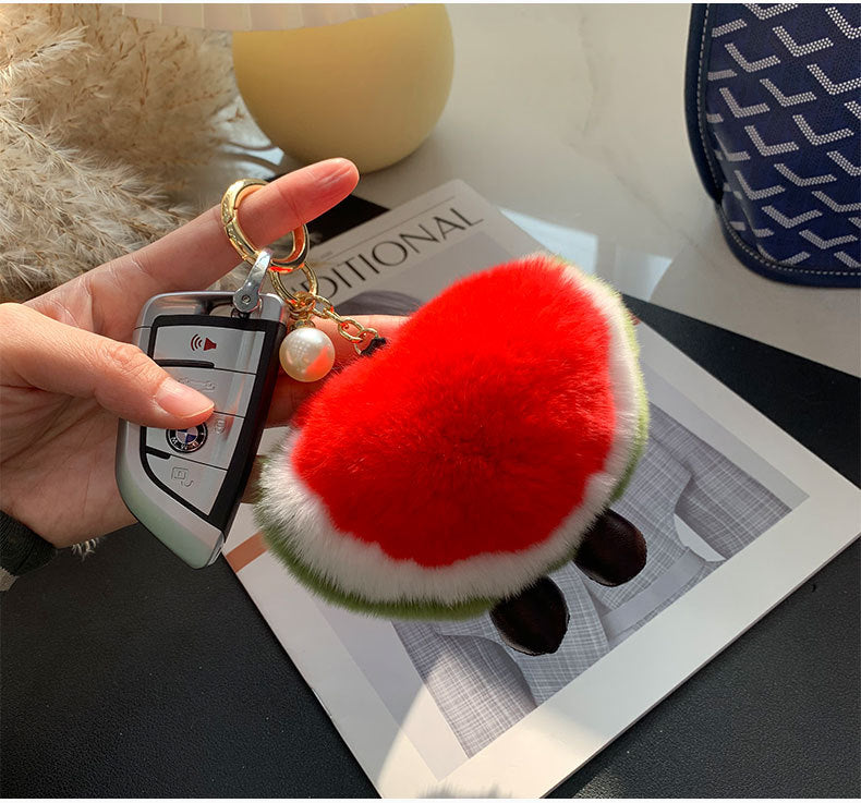 Cute Real Rabbit Fur Watermelon Charm Keychain & Phone Decor