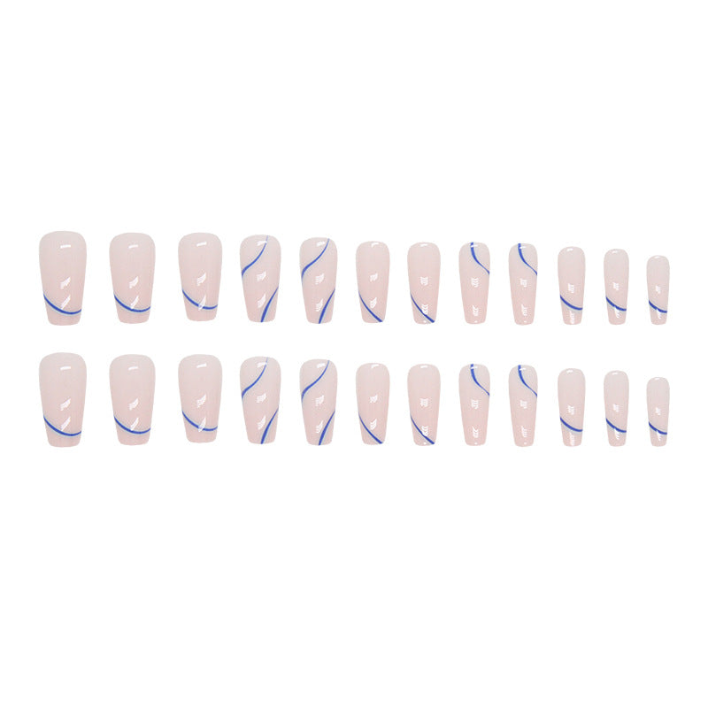 Mid-Length Ballet Nails, Deep Blue Irregular Stripes, INS Style