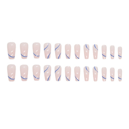 Mid-Length Ballet Nails, Deep Blue Irregular Stripes, INS Style