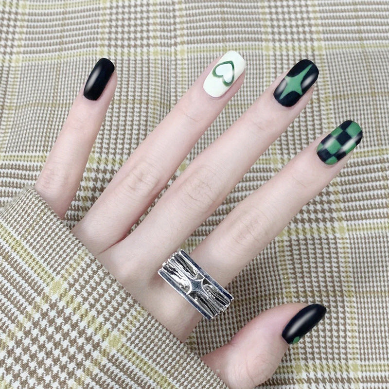 Dark Chic Checkerboard Green-Black Removable Nail Stickers