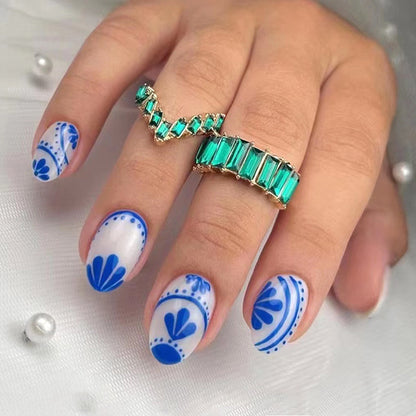 Oval Chinese Blue Porcelain Nails, Luxe Ins Style