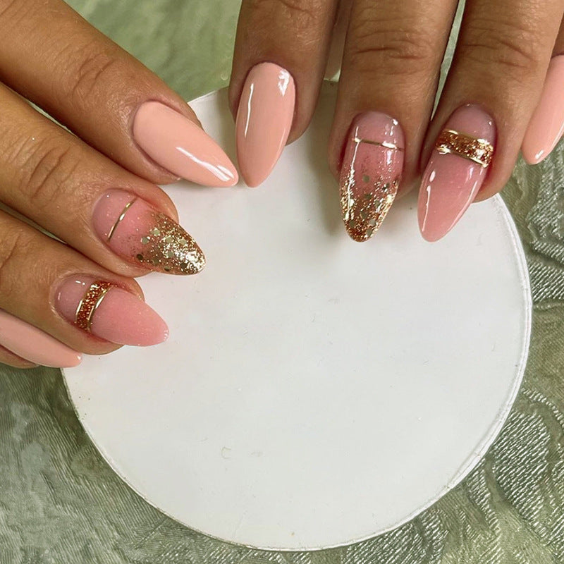 Almond Shape Nails - Shimmer Gold, Gradient Flash