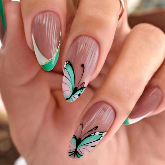 Triangular French Green Almond Nails with Butterfly Design-Homeunderwear