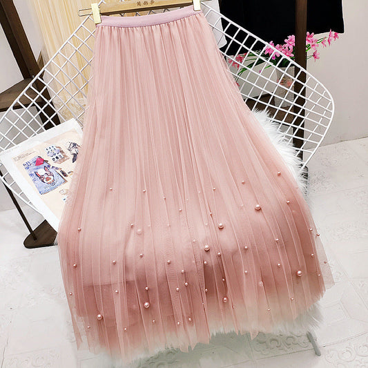 Heavy Industry Nail Bead Mesh Pleated High Waisted Skirt