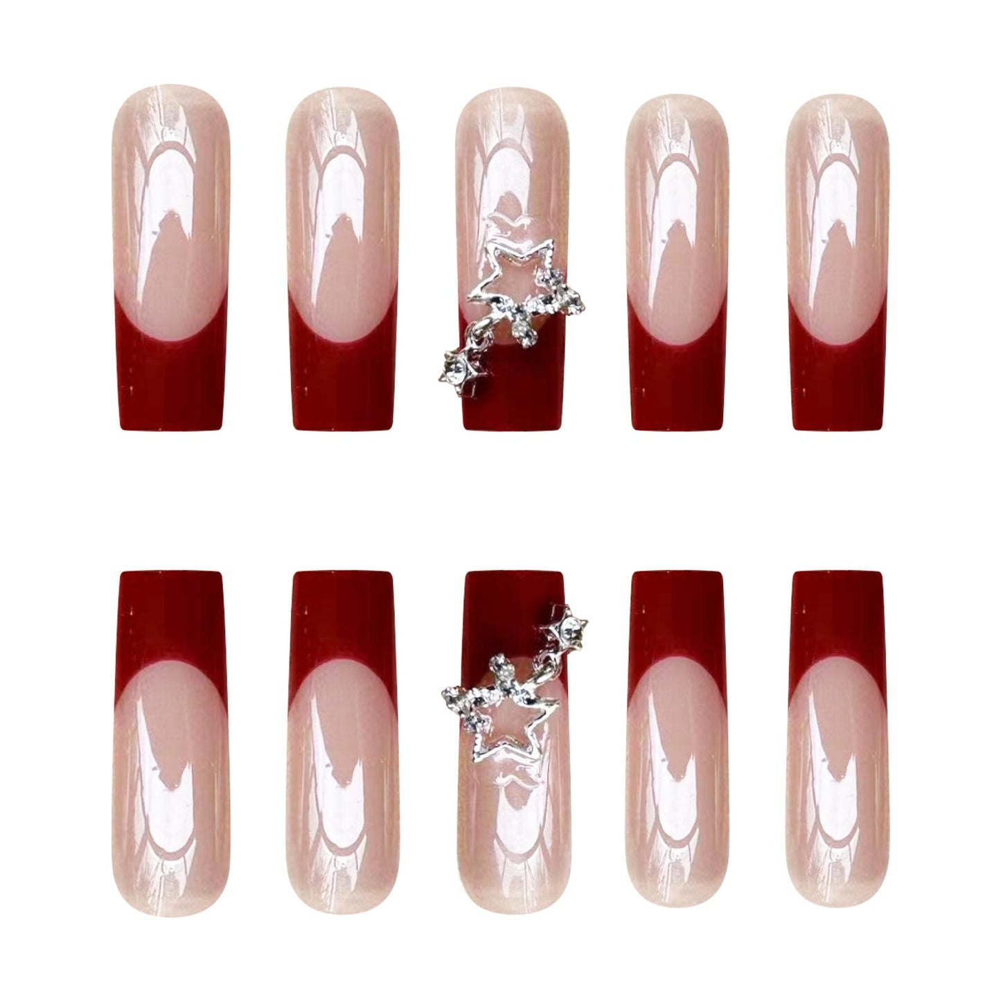 Halloween Blood Red French Long Tube Nail Tips with 3D Star Chain