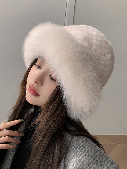 Cute Real Rabbit Fur Hat with Fox Trim - Winter Warmth