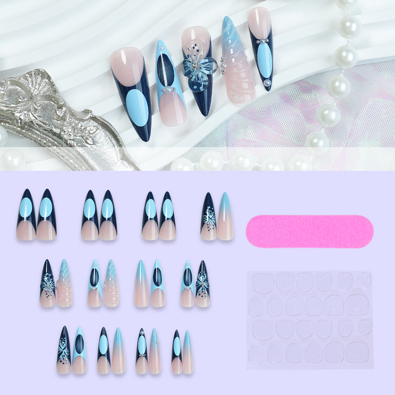 Almond Shaped Handcrafted Flower Nail Tips with Ombre Effect