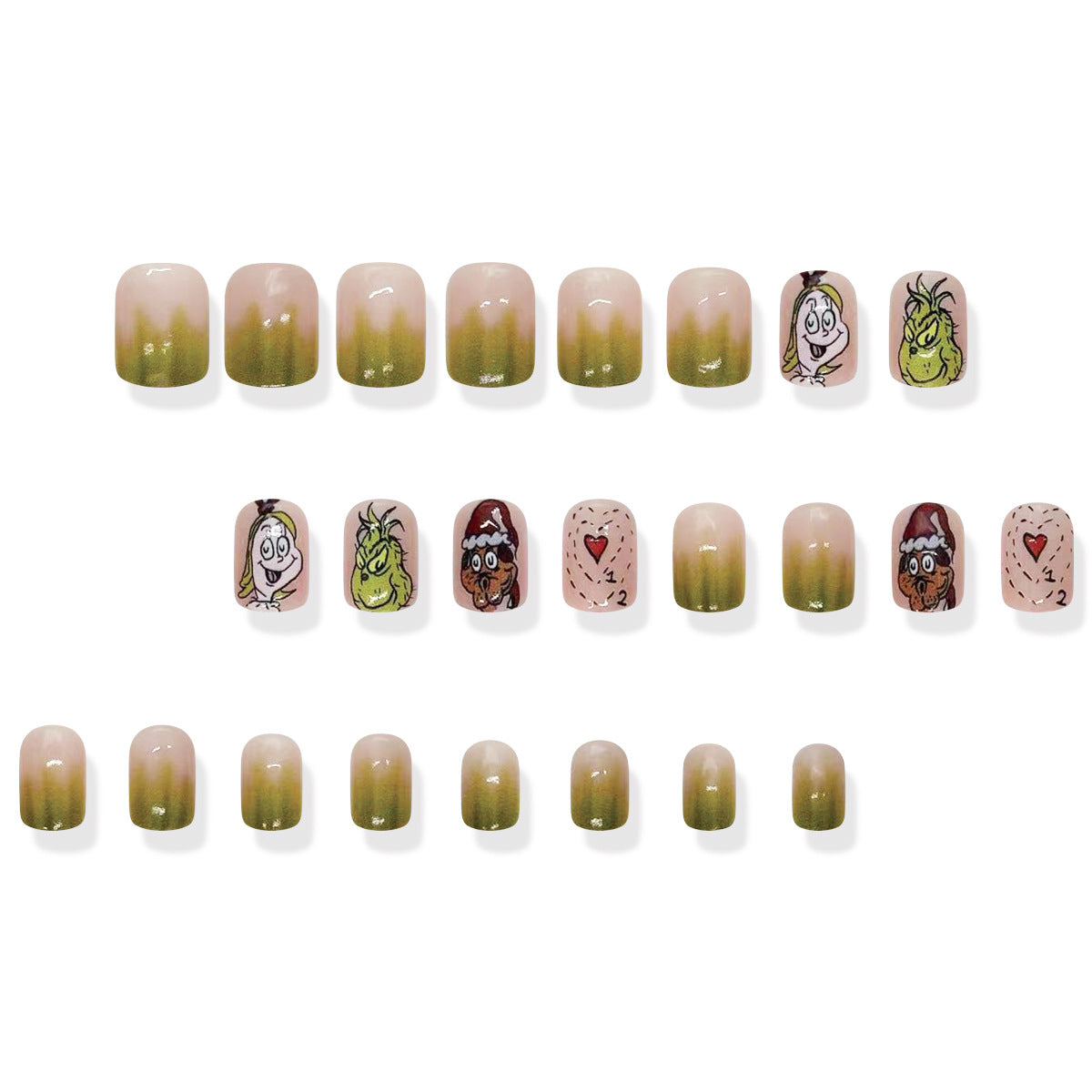 Christmas Short Square Grinch Green Gradient Cute Nail Tips