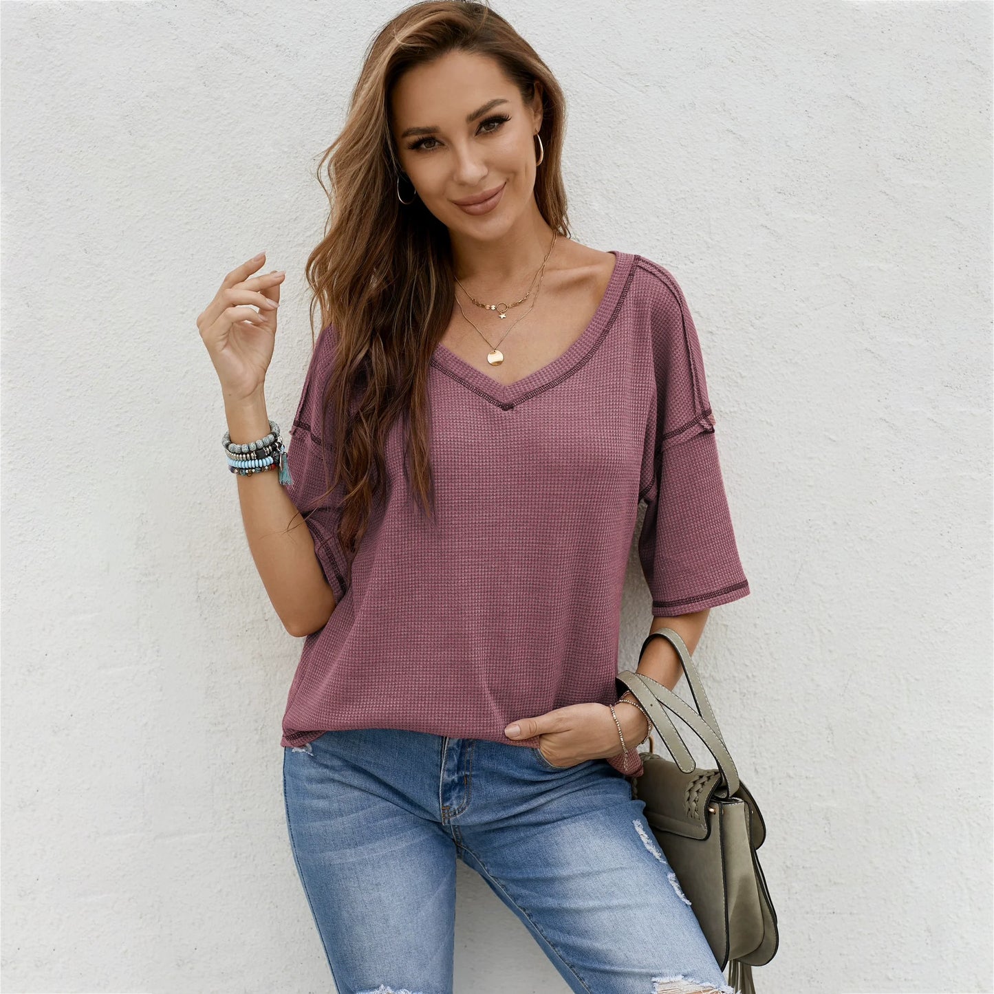 Free Shipping ForDillamon Solid Color Casual Half-Sleeve European and American Style Top