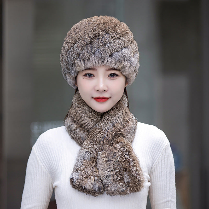 Warm Snow Rabbit Fur Ear Flap Hat & Scarf Set