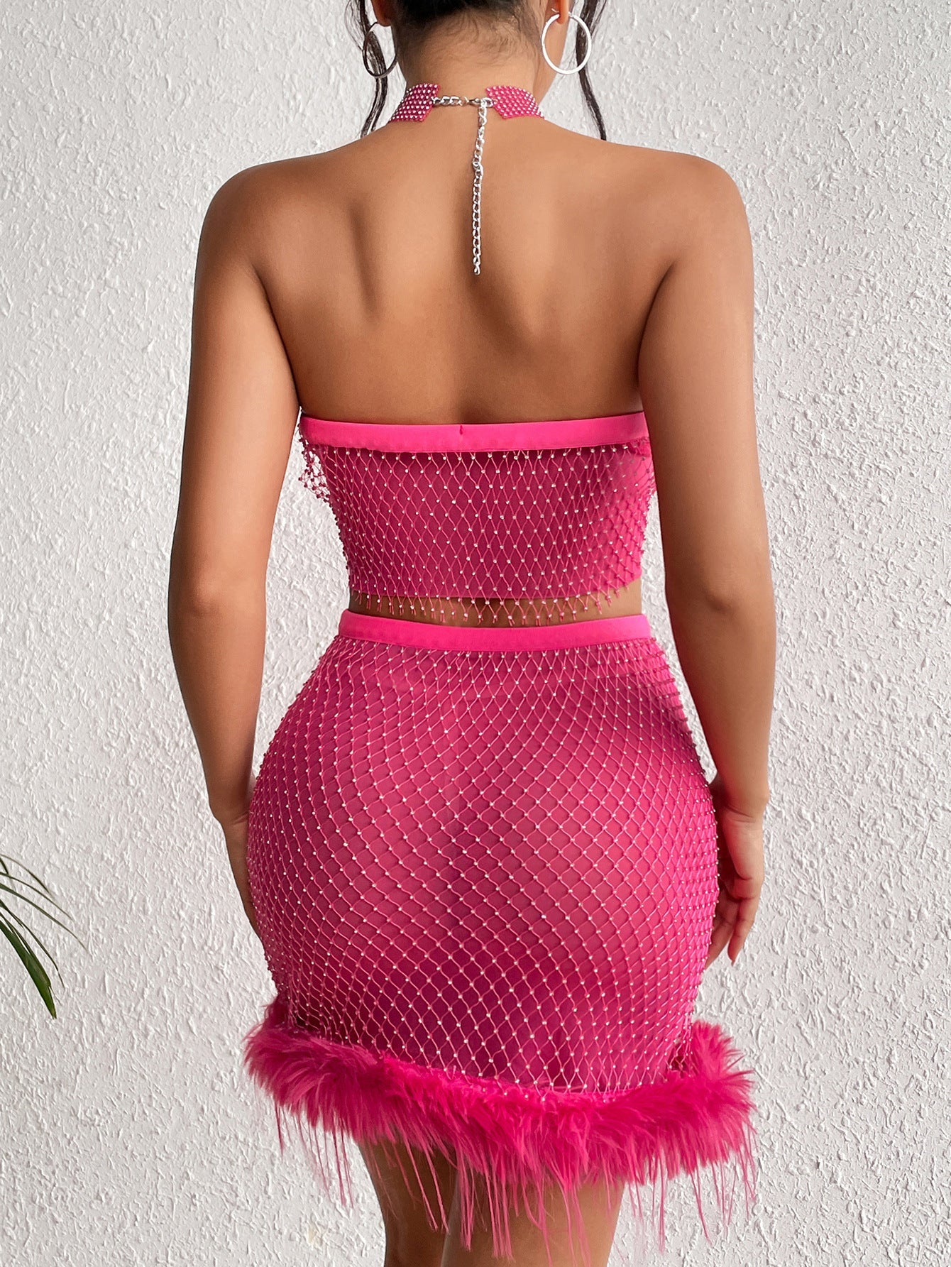 Free Shipping For Feather Trim Mesh Club Wear