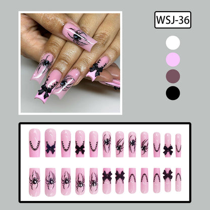 Pink Transparent Long Waterline Black Widow Spider French Nail Tips