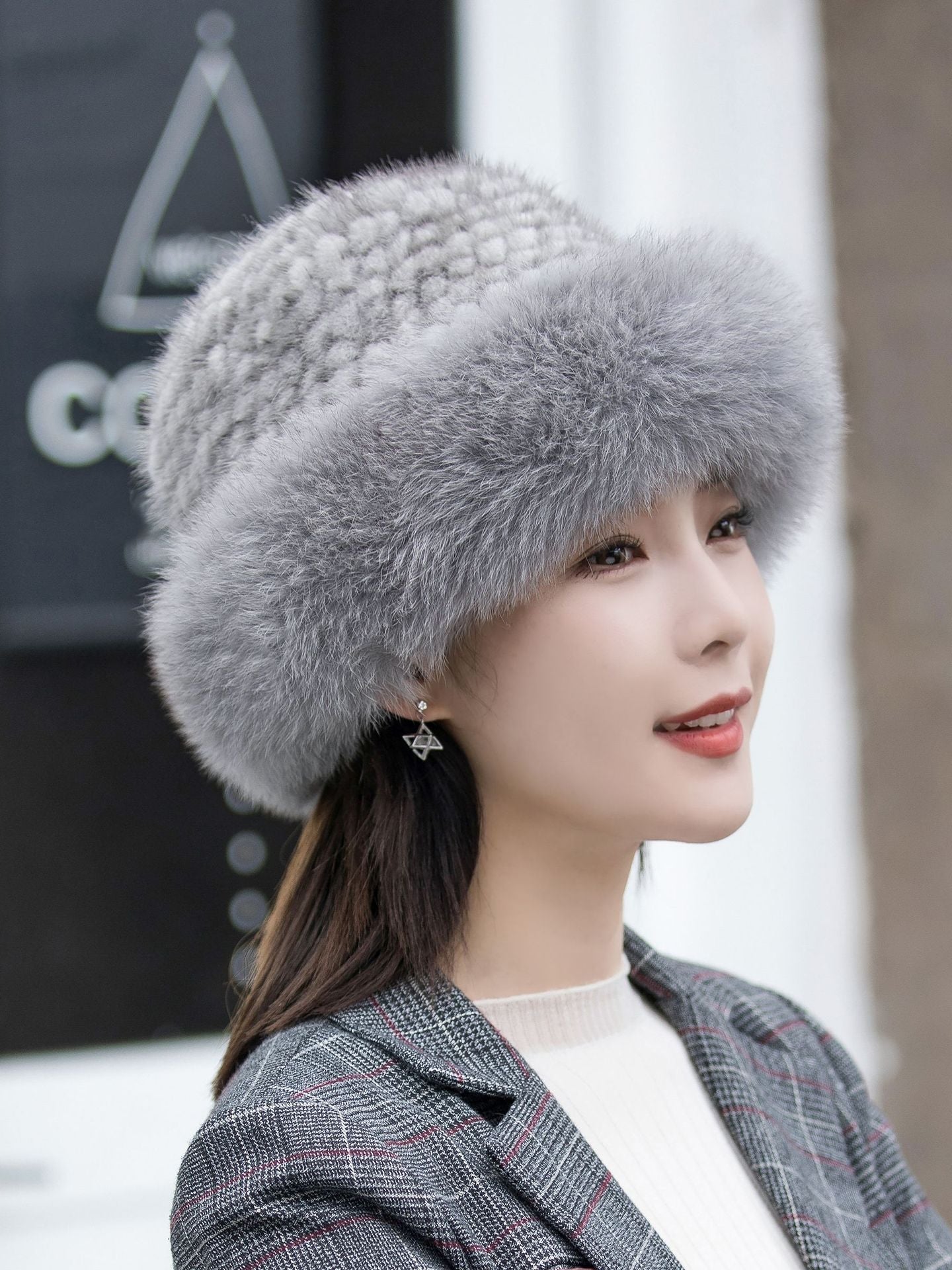 Warm Mink Fur Hat with Fox Pom Pom - Ear Flap Design