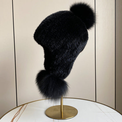 Warm Mink Fur Hat with Fox Fur Pom Pom - Winter Accessory